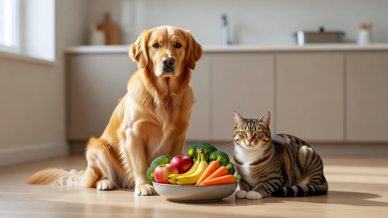 a dog and a cat sitting together in a kitchen near a bowl of fresh fruits and vegetables