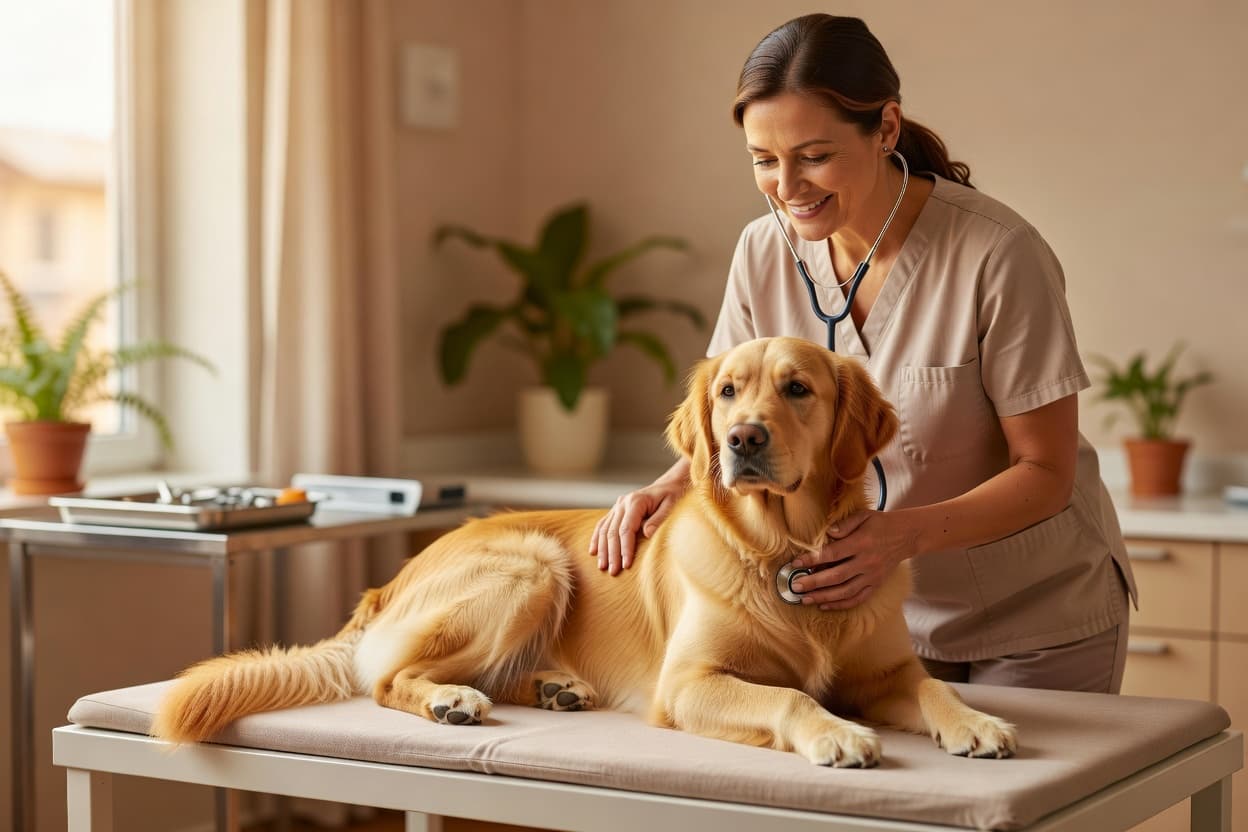 a calm veterinarian gently examining a dog on an exam table