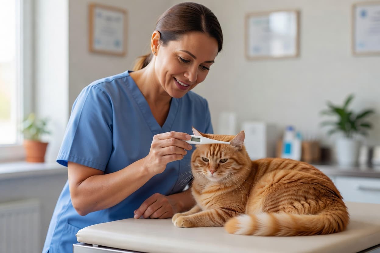 a veterinarian gently checking a calm cat's temperature with a digital thermometer